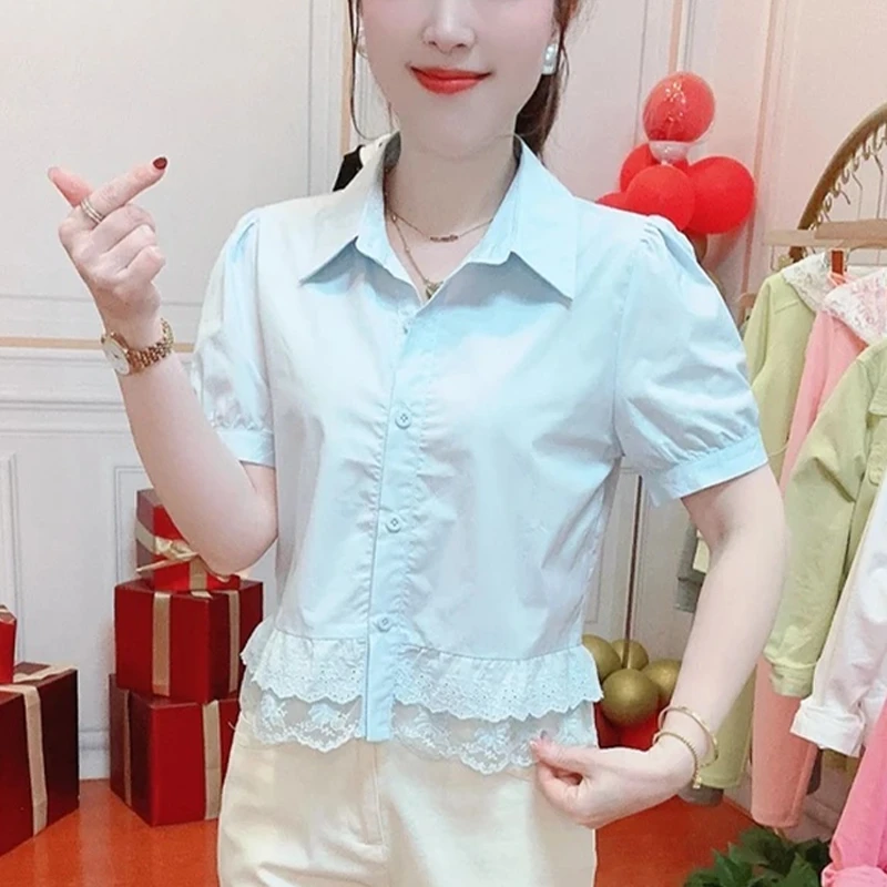 小个子气质时尚翻领蕾丝下摆衬衫女2025年夏季新款设计感休闲衬衣