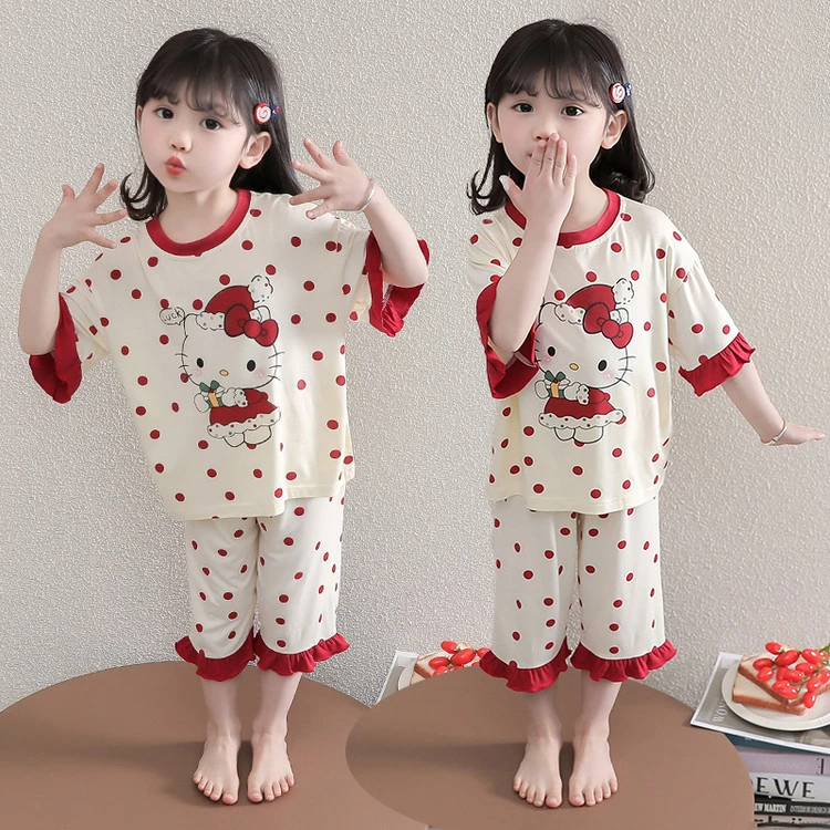 女童睡衣夏季莫代尔2025新款女宝宝薄款空调服卡通KT猫家居服