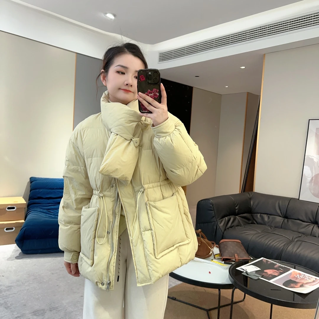 【奶酪贝果】2024冬季韩系围脖抽绳收腰中长款羽绒服 H25010810