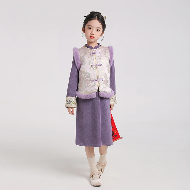 53726女童国风汉服套装2025冬季新款儿童坎肩马甲连衣裙周岁礼服
