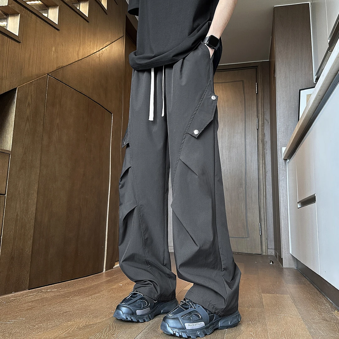 隐匿者春季新款百搭男士褶皱感设计休闲裤港风潮流百搭大码直筒裤