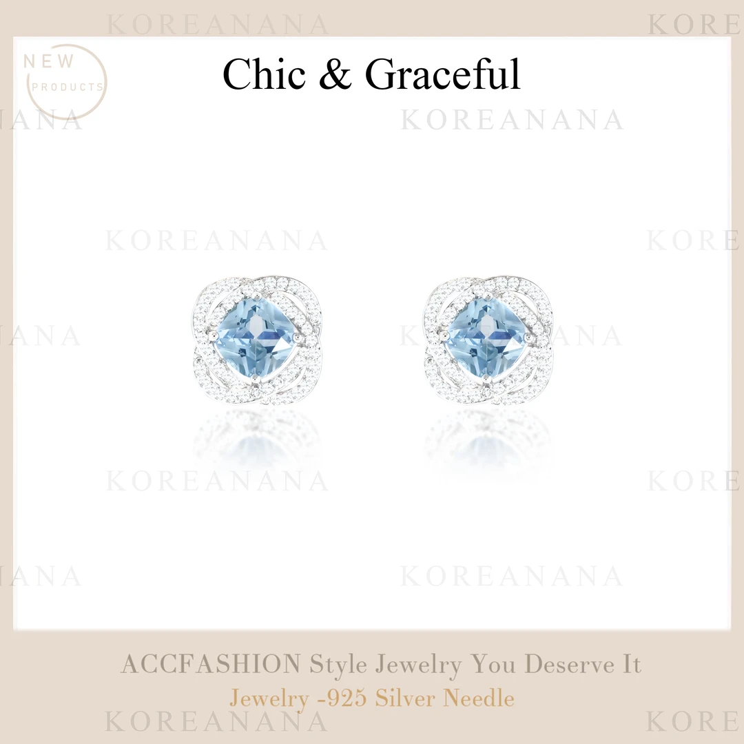 铜合金耳饰 「波浪蓝四叶花」轻奢锆石四叶花耳钉A105