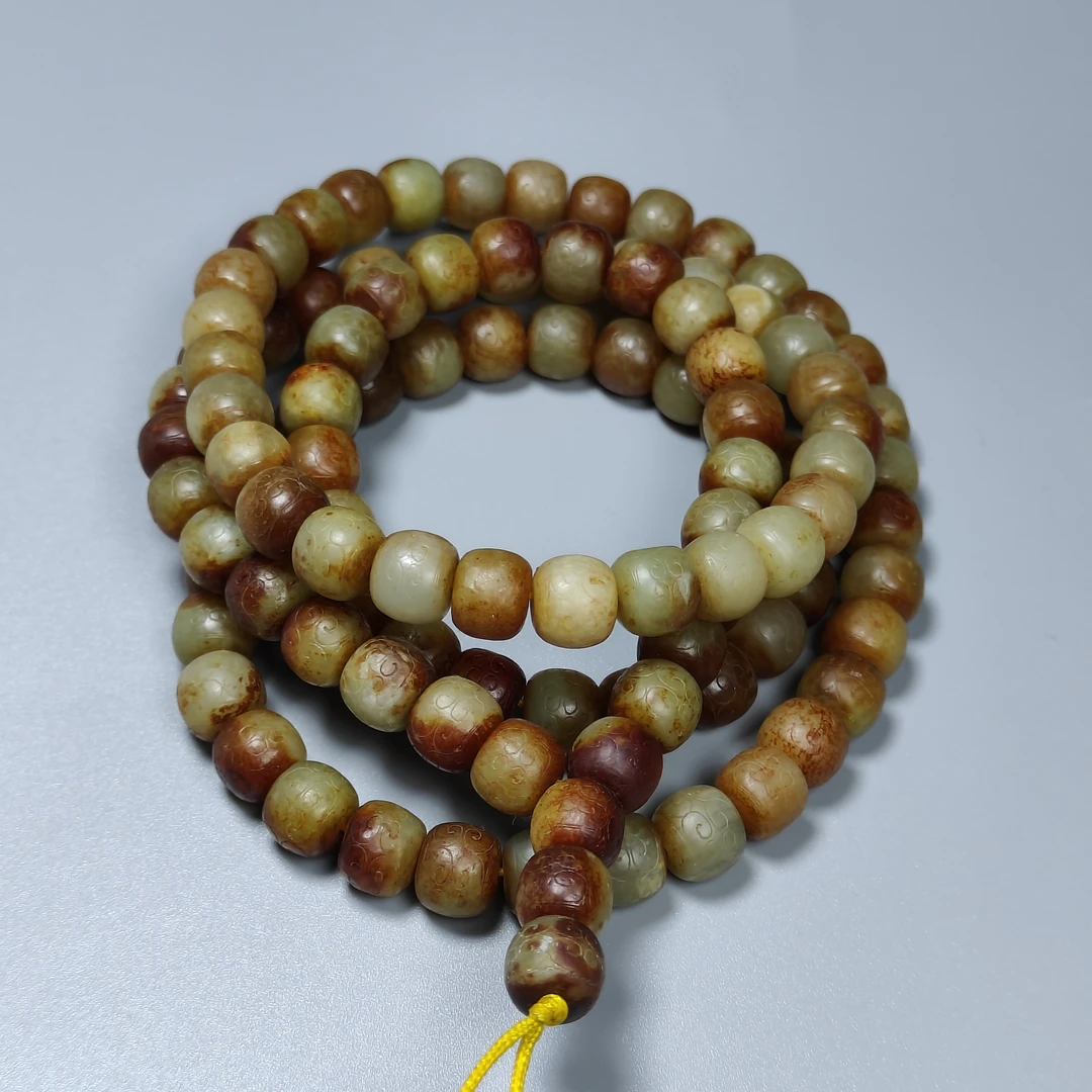 旧藏高古玉108颗老型卡10六字箴言红沁游丝毛雕游丝毛刻国风复古