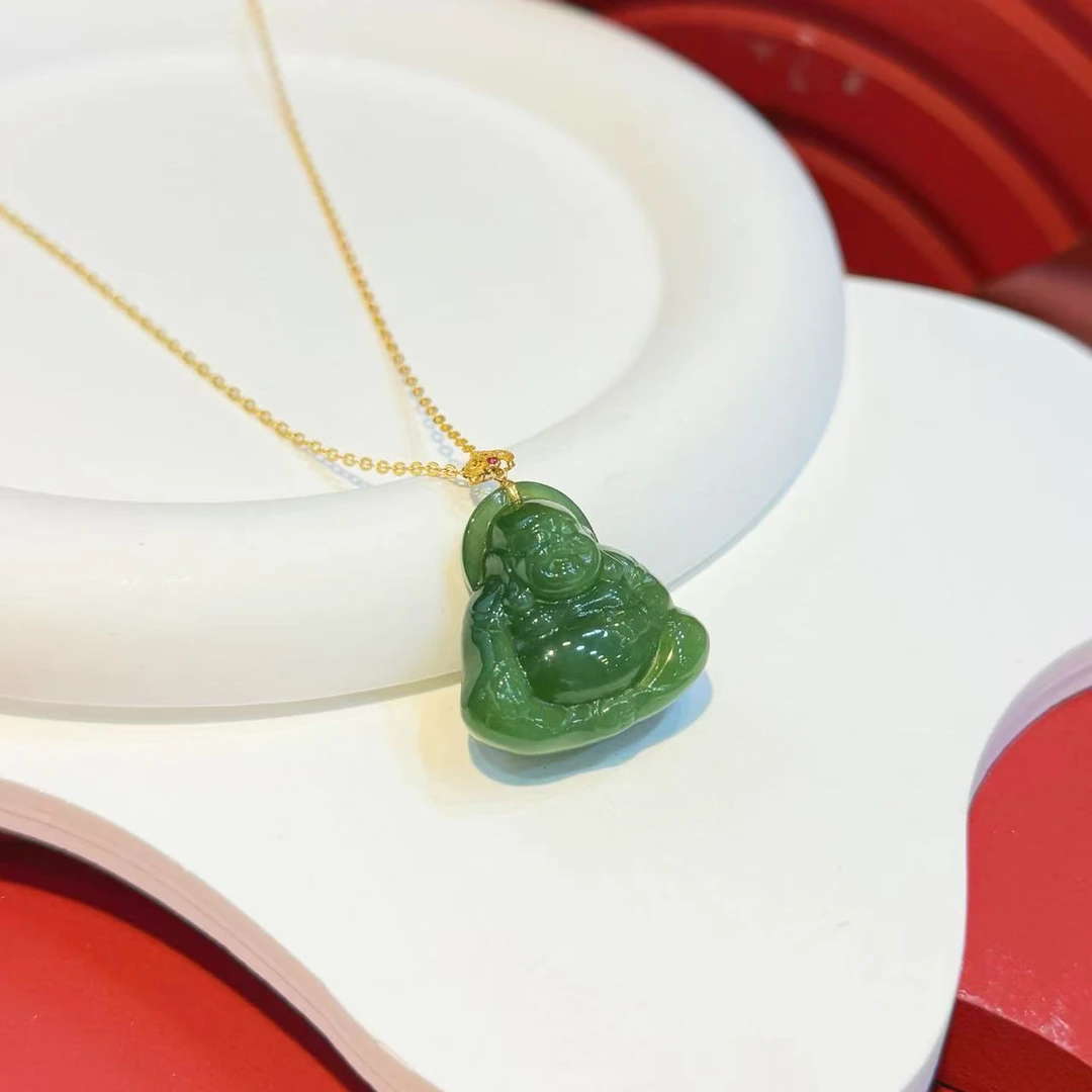 18K金扣头镶嵌24*23*11碧玉猫眼佛HNZ8866