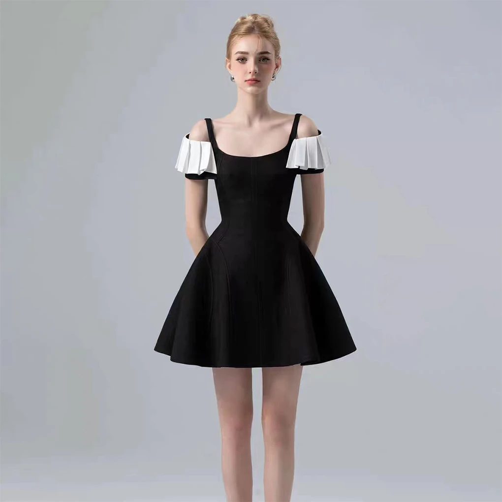 【粉丝直播专属】赫本风黑色高级感露肩收腰短款连衣裙GZJ230272