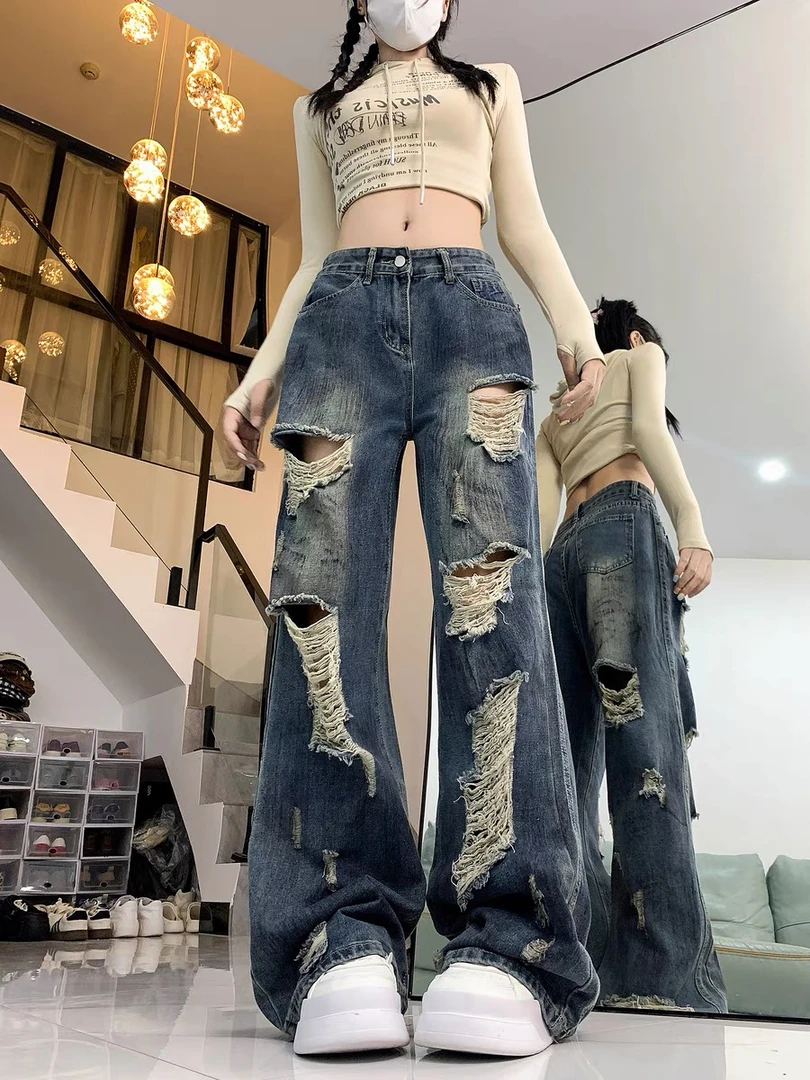 美式做旧脏脏破洞乞丐牛仔裤女夏季设计感高腰显瘦直筒阔腿长裤子
