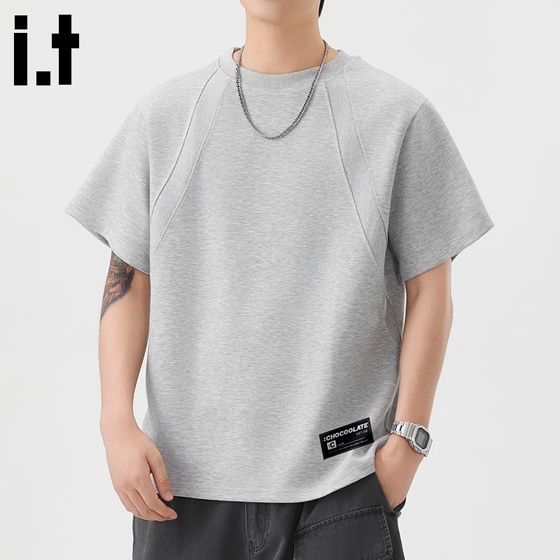 i.t:CHOCOOLATE拼接纯色男士短袖t恤2025年新款夏季潮流宽松上衣