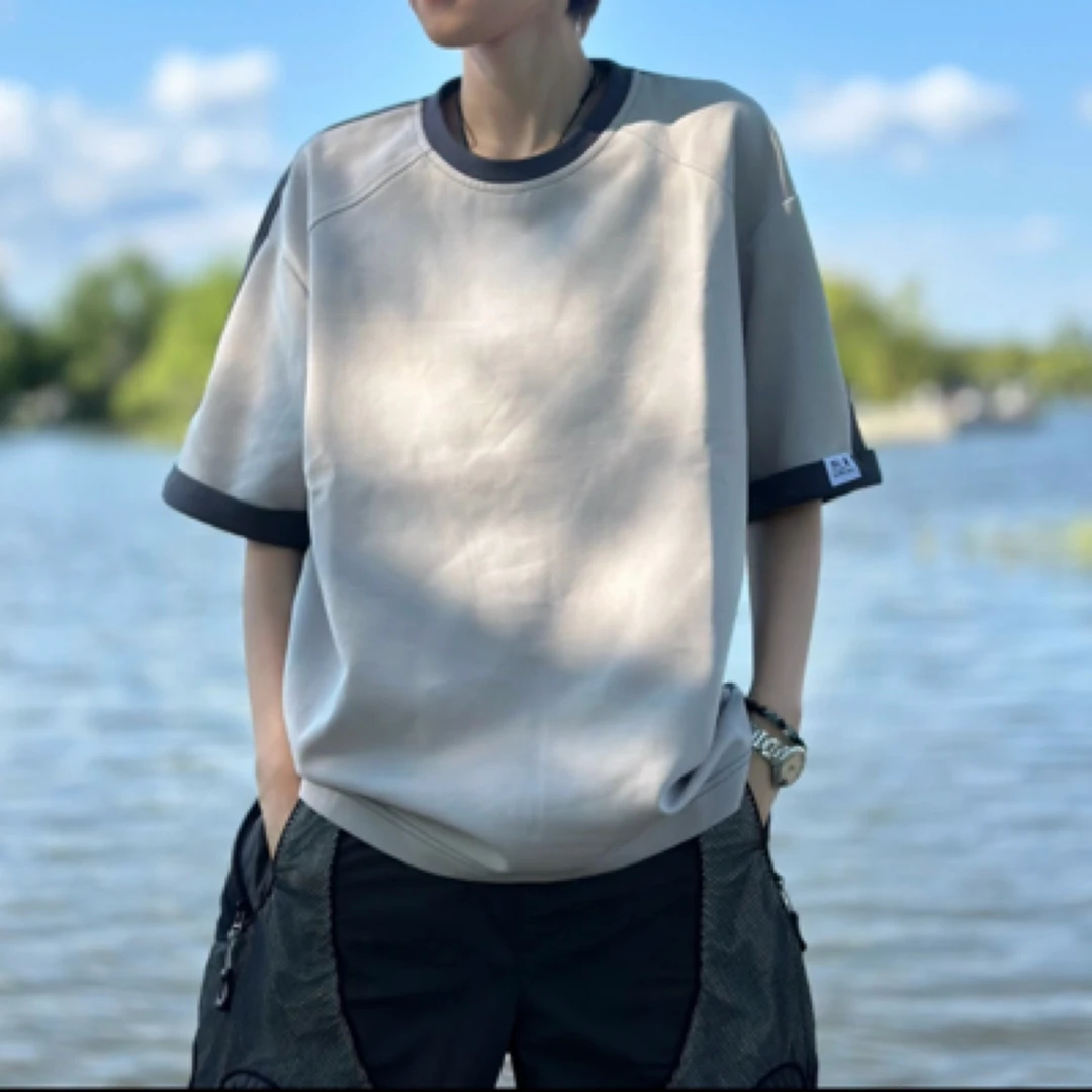 双色拼接夏季新款宽松微阔可折叠袖调性男士夏季短袖T恤情侣休闲