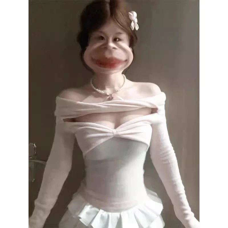 纯欲甜辣妹性感镂空一字肩长袖t恤女春秋适合大肚腩的上衣