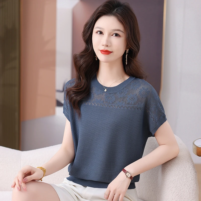 百搭桑蚕丝短袖t恤女款蝙蝠袖体恤上衣宽松洋气镂空针织小衫薄