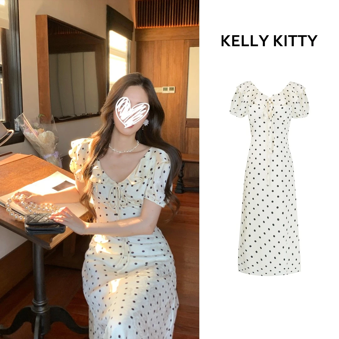 法式提花波点泡泡袖收腰复古海边拍照后妈裙2025新款爆款洋气