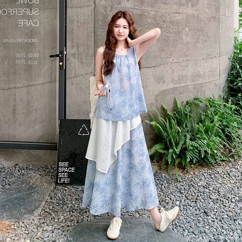 韩系刺绣花瓣氛围感套装裙女2025夏季新款设计感背心半身裙两件套