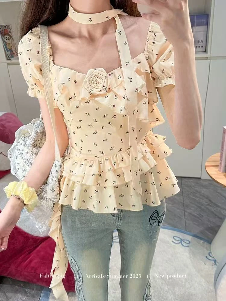 盛夏雏菊 甜美风杏色不规则碎花上衣女夏设计感荷叶边T恤