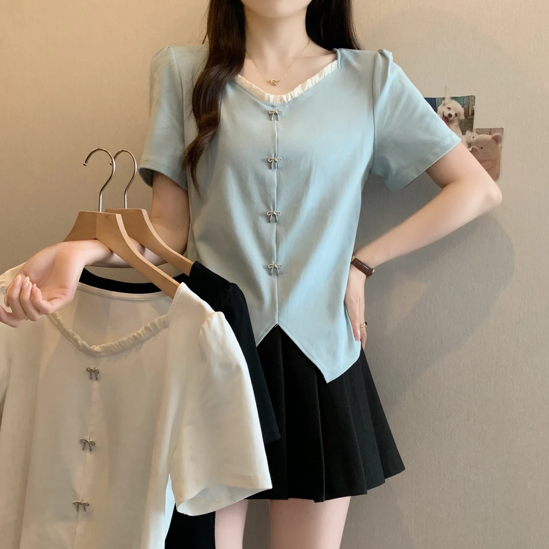 2025夏季新款胖mm大码法式拼接蕾丝边短袖T恤女气质不规则上衣