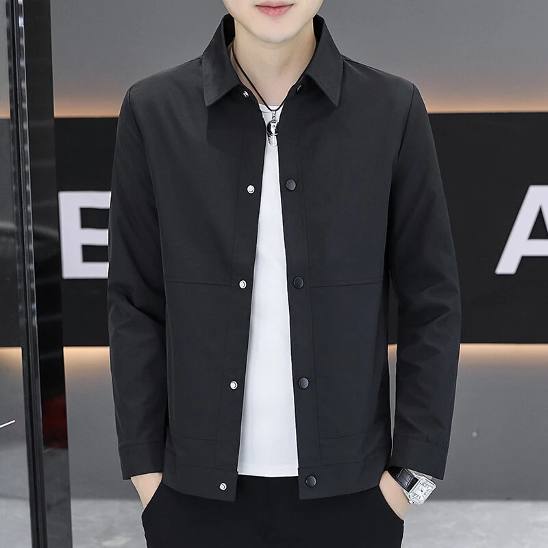 翻领外套男春秋季新款韩版潮流帅气休闲夹克简约纯色工装上衣男士