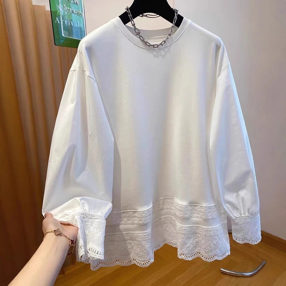 白色蕾丝拼接卫衣女春季新款爆款叠穿内搭打底长袖恤上衣潮