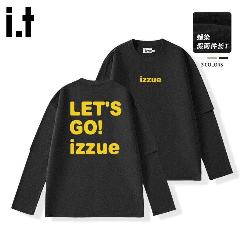 i.t izzue男款t恤长袖2025新款秋季美式潮牌休闲字母款假二件上衣