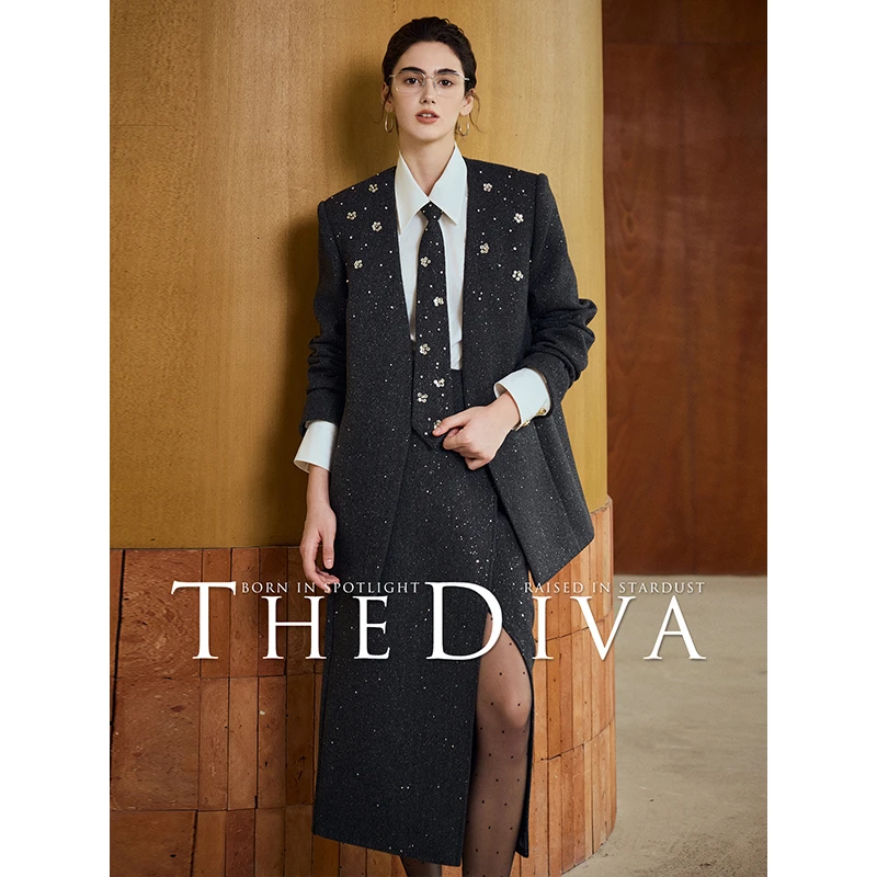 THE DIVA高定重磅加厚羊毛手工梅花钻钉珠通勤西装/半裙/裙裤套装
