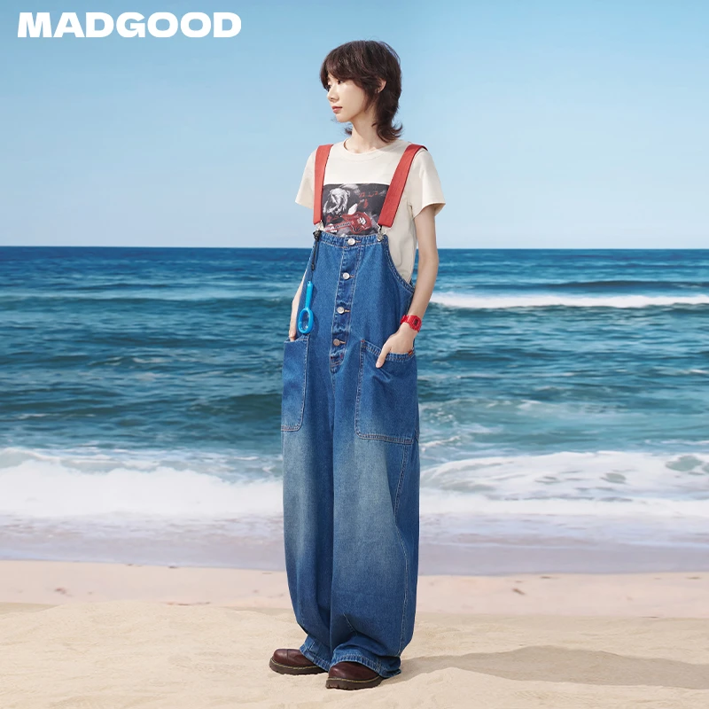 madgood 马得工地复古背带裤百搭牛仔长裤宽松休闲MDGDCK252380