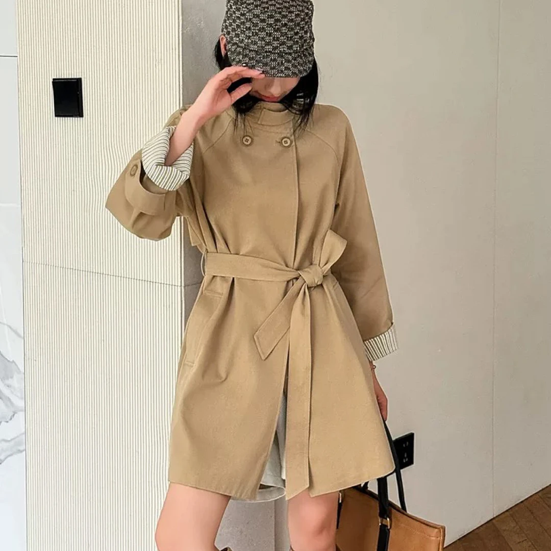 高端立领中长款风衣外套女2025秋季新款韩系简约气质收腰大衣