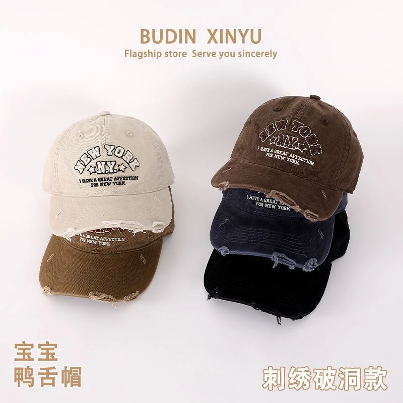 儿童帽子男女童字母刺绣遮阳帽春秋薄款宝宝棒球帽复古做旧鸭舌帽