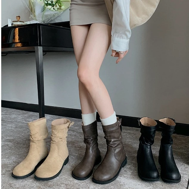 葡萄妈studiolee韩系圆头褶皱绒面粗跟厚底堆堆低帮靴子女长筒靴
