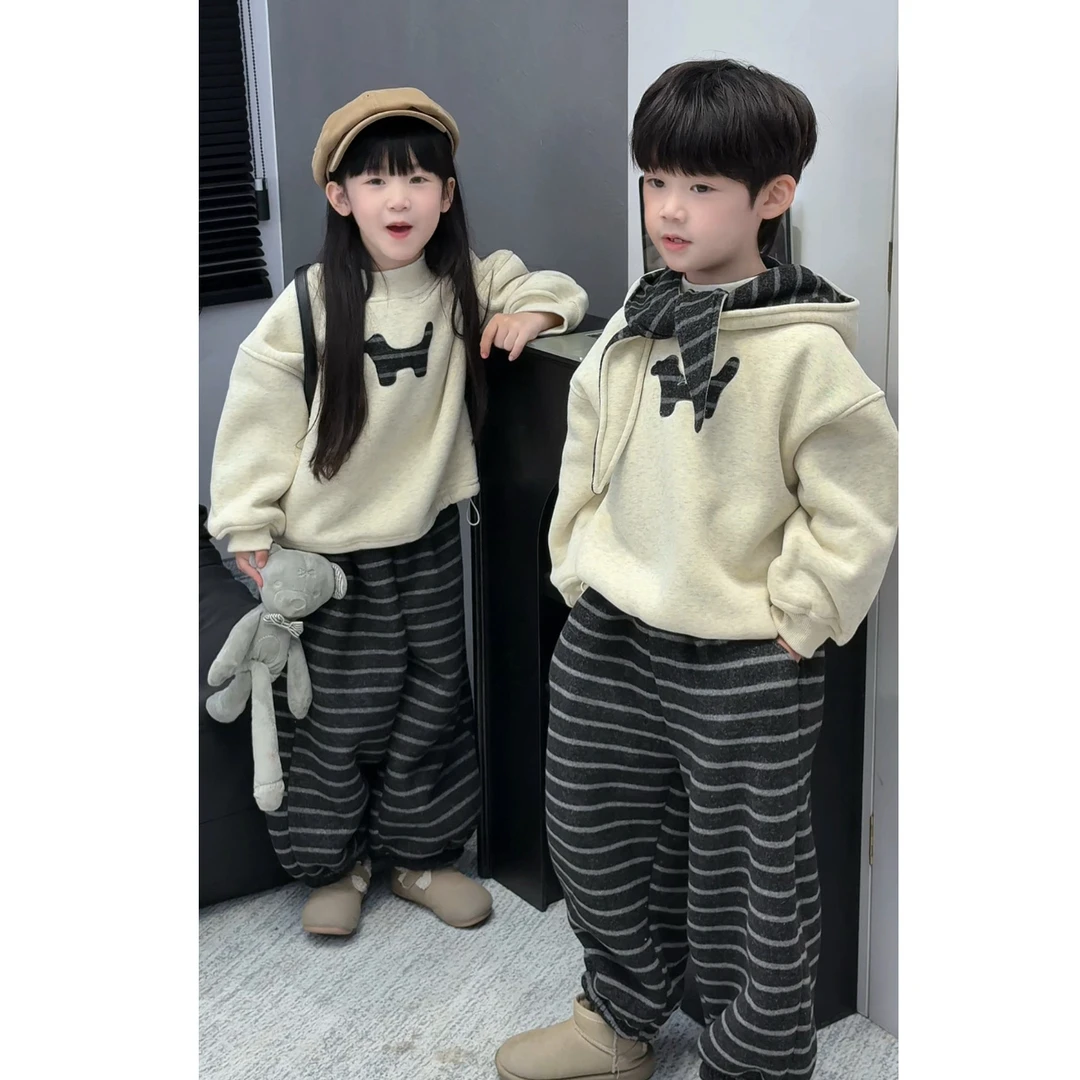 冬季加绒加厚卫衣套装2025新款韩版帅气儿童休闲条纹裤三件套