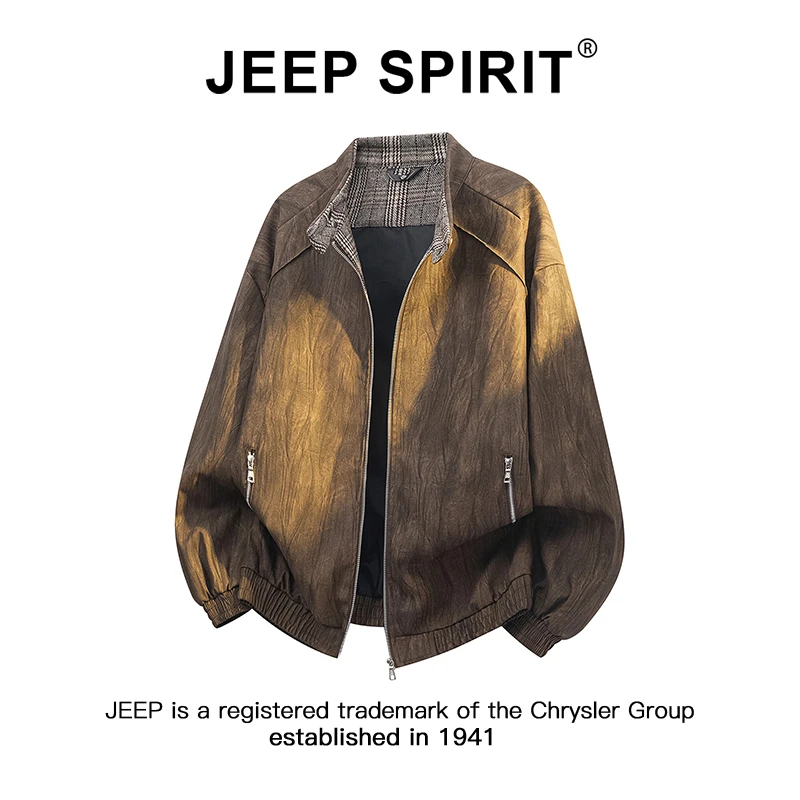 Jeep吉普琥珀流光哈灵顿夹克男士美式复古潮牌皮革纹翻领皮衣外套