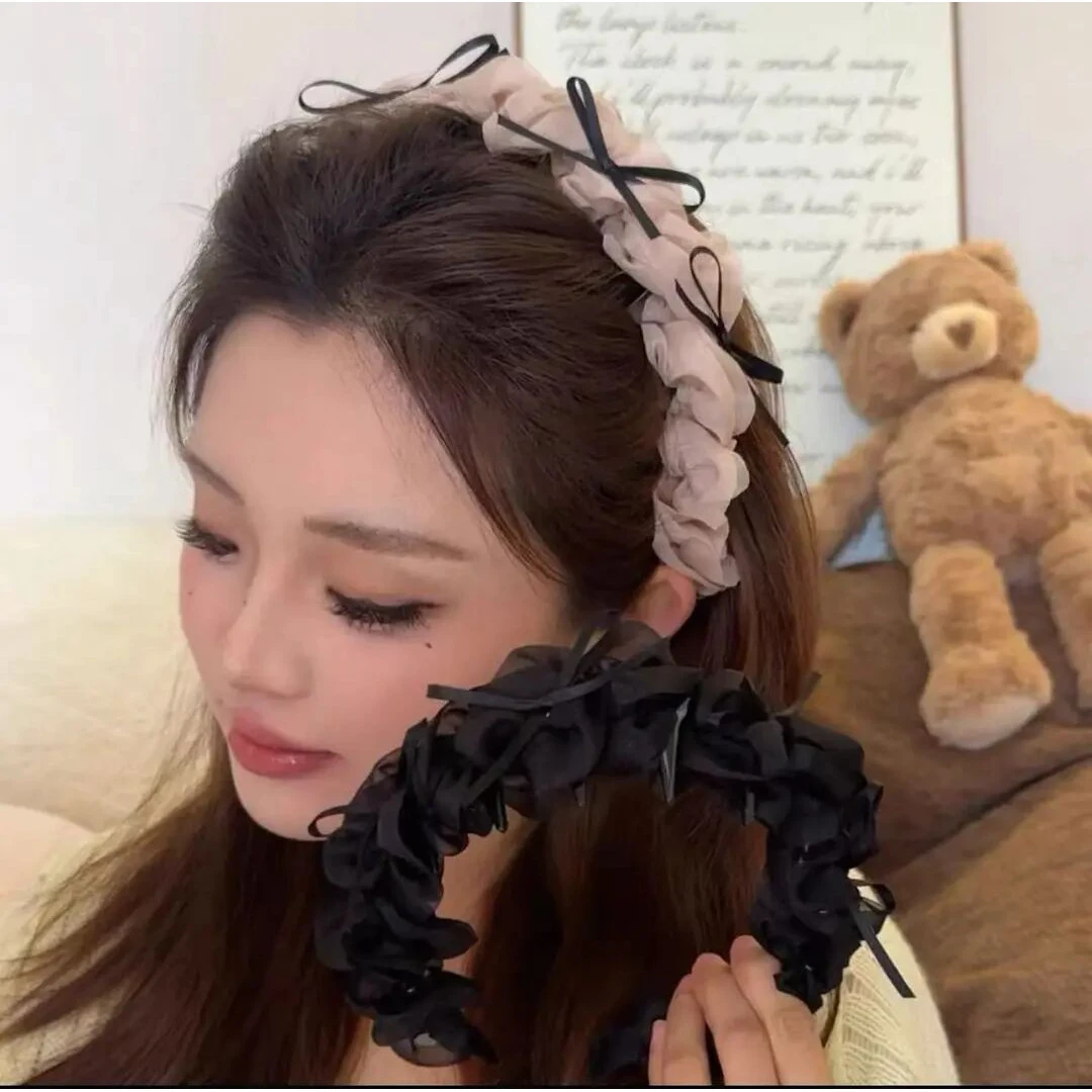 芭蕾少女如梦~蝴蝶结织带褶皱齿梳发箍高颅顶木耳边头箍Y81