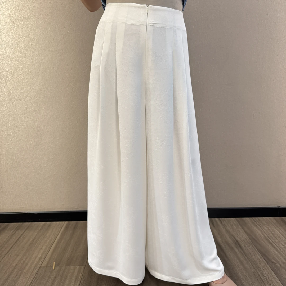 K074-1白色芍药花斜百搭中式国风新中式时尚醋酸阔腿裤