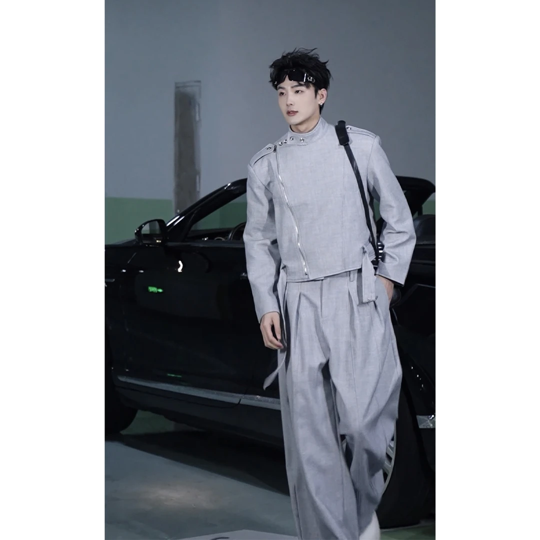 2025春季新品设计感休闲运动套装男重磅高级感夹克宽松长裤