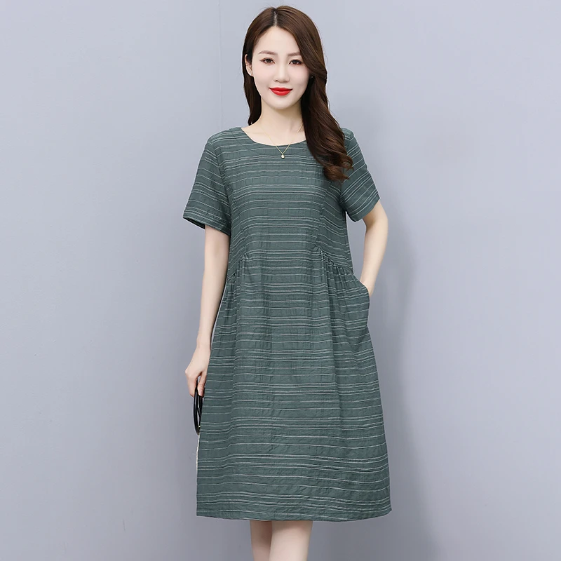夏季新款气质大码显瘦条纹棉麻连衣裙宽松短袖中长裙