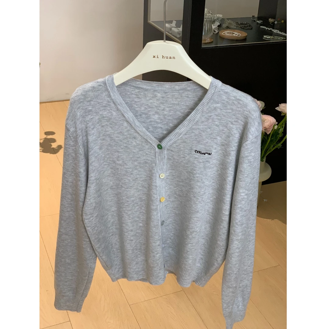 毛针织衫春季薄开衫薄款上衣v领开衫外套短款纯色