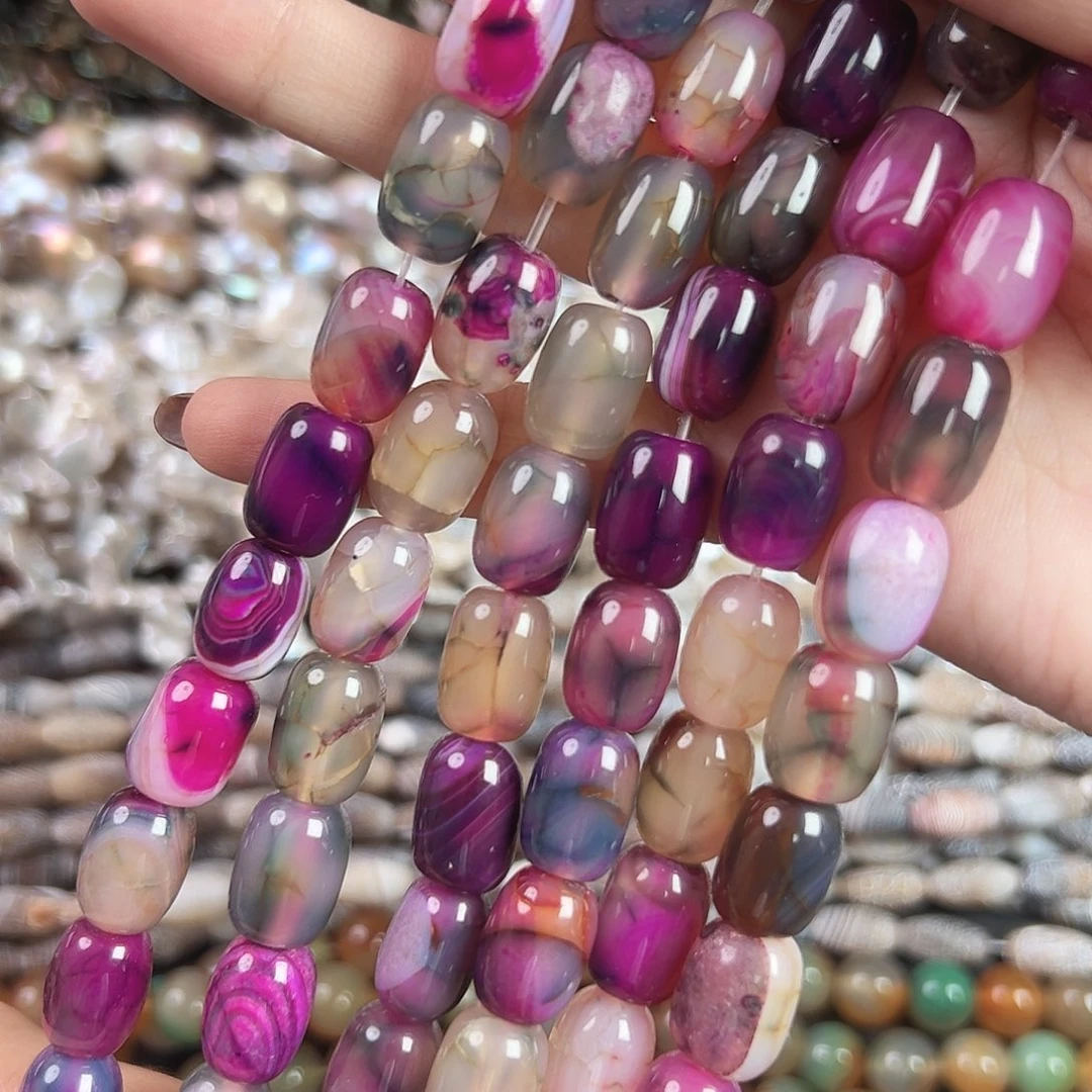 玛瑙/玉髓合金珠宝半成品b105七彩玛瑙桶珠14mm一条