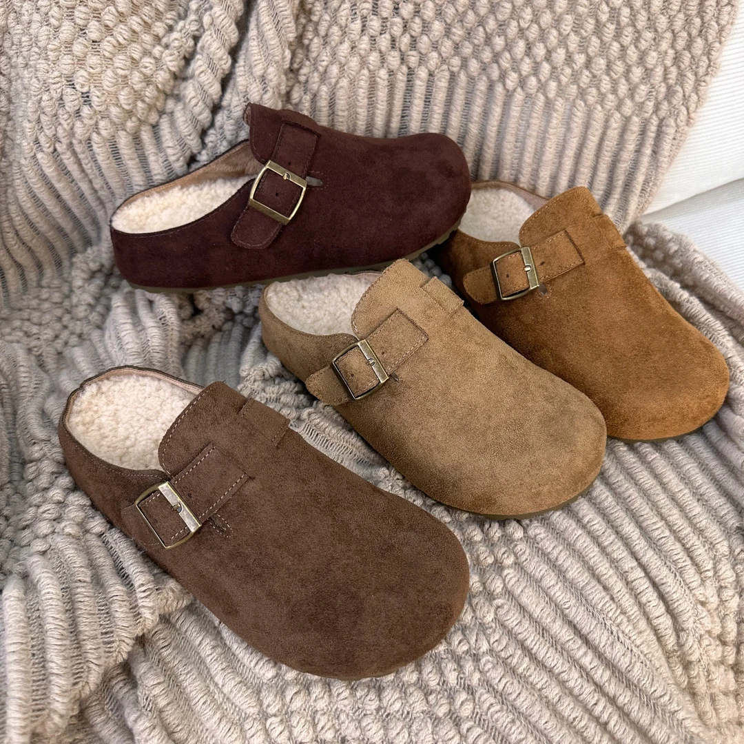 很推荐显脚小~！加绒勃肯懒人半拖鞋女冬季百搭外穿博肯毛毛棉拖鞋