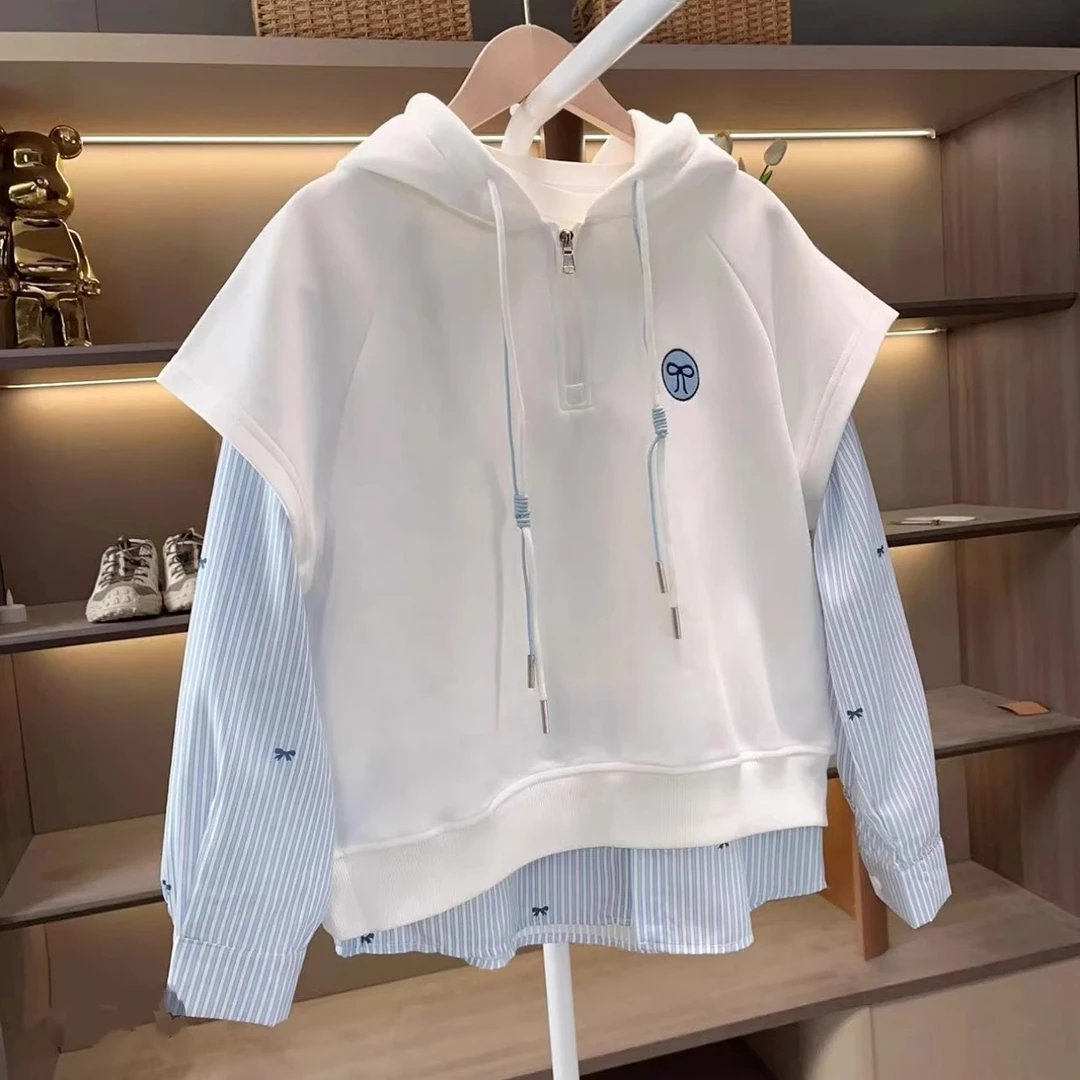 女童假两件连帽卫衣春秋2025新款儿童条纹衬衫拼接上衣时髦洋气潮