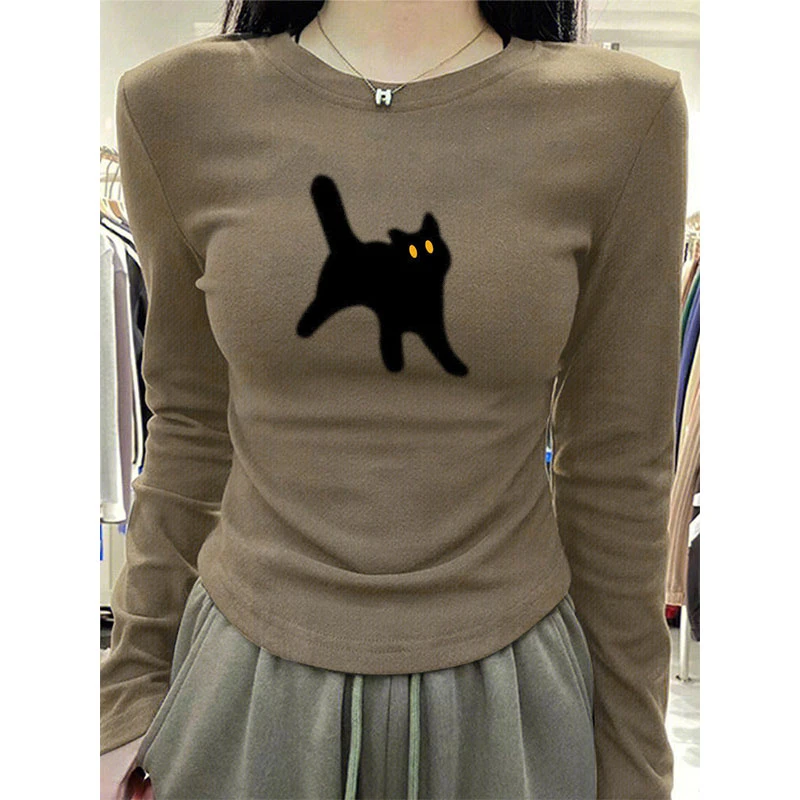 韩系穿搭德绒加厚长袖T恤女秋冬设计感猫咪印花修身内搭打底上衣