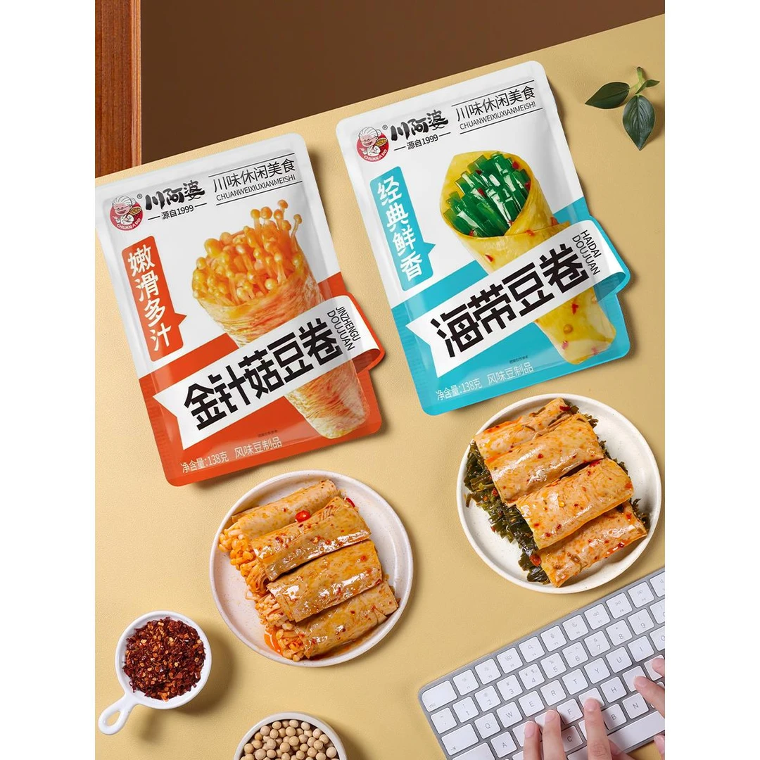 川阿婆金针菇豆卷鲜嫩q弹三款组合海带杏鲍菇香辣解馋饱腹小零食
