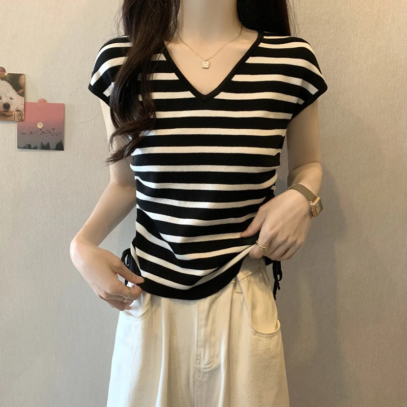 卡莲格/大码女装T恤条纹V领小飞袖抽绳正肩短袖夏季韩版显瘦上衣