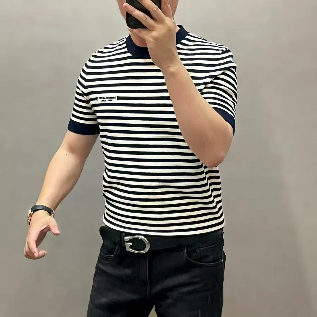 新款高端潮流男士休闲条纹针织圆领短袖T恤