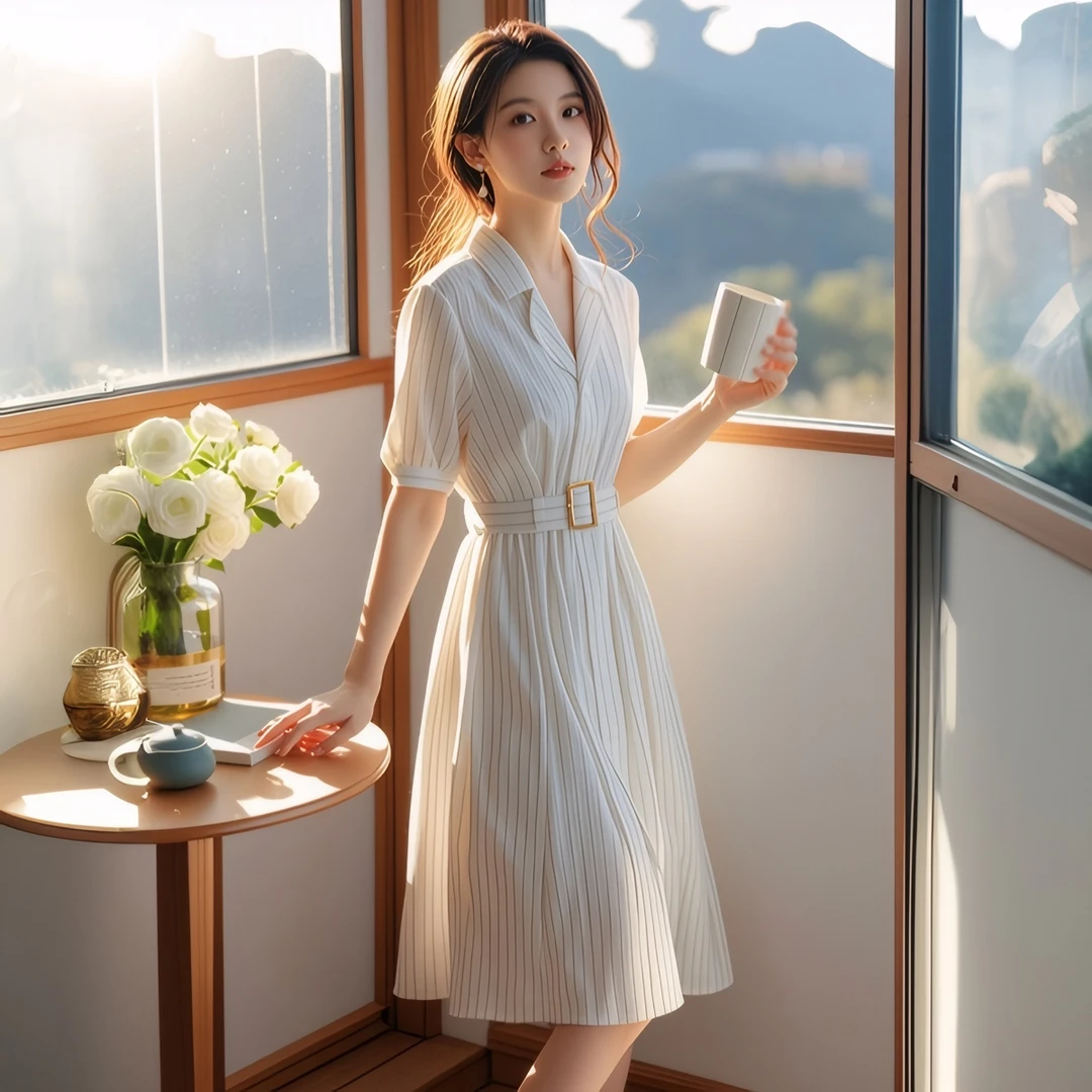 夏季新款显瘦遮肉小个子高腰白色气质条纹连衣裙裙子法式简单大方