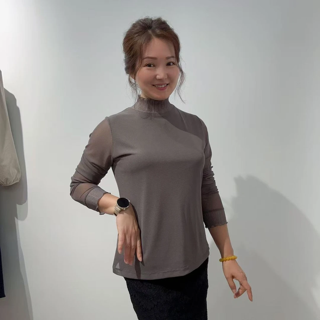 彦竹韩国正品木耳边网纱长袖百搭女士修身T恤