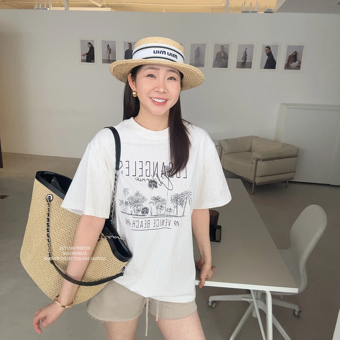 widelia夏款韩版7360慵懒风通勤街头遮肉百搭个性宽松休闲印花T恤