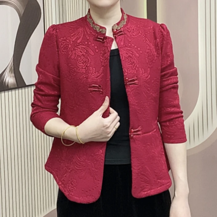 百搭立领修身长袖上衣提花洋气盘扣新款显瘦春季外套时尚2025女