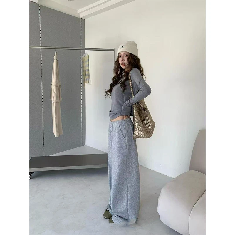 秋冬极简时尚洋气休闲百搭灰色上衣两件套高腰修身显瘦直筒裤套装