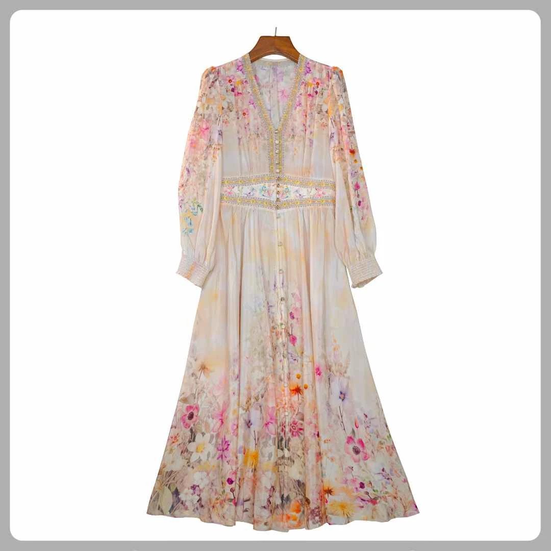 【梦幻花园】定位花桑蚕丝亲肤静奢田园风法式收腰气质长裙