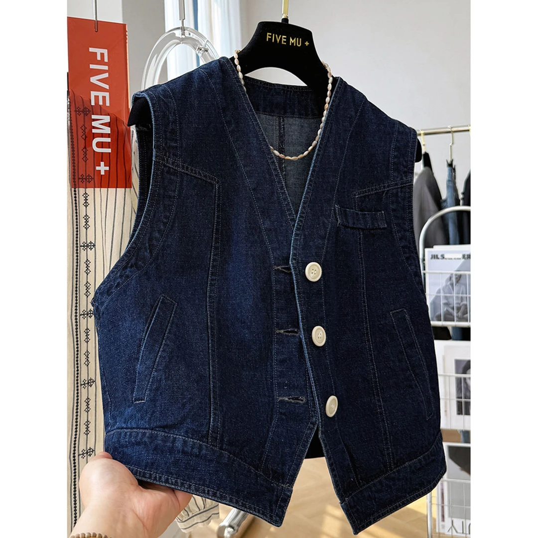 简约牛仔马甲女2025新款韩系深蓝色显瘦V领时尚百搭显瘦减龄无袖