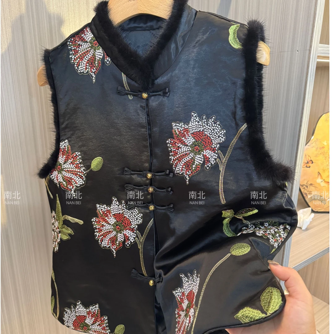 （清桐）水貂毛拼接秋冬刺绣马甲百搭国风