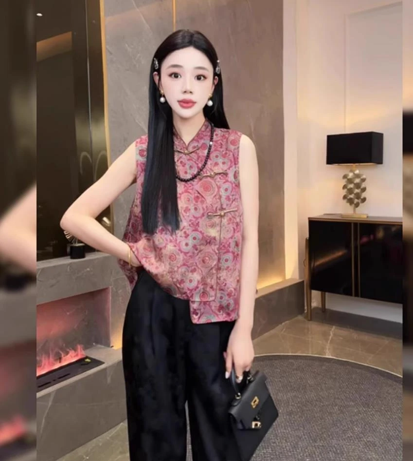 国风新中式复古提花无袖马甲背心女2025夏季新款气质宽松上衣女装