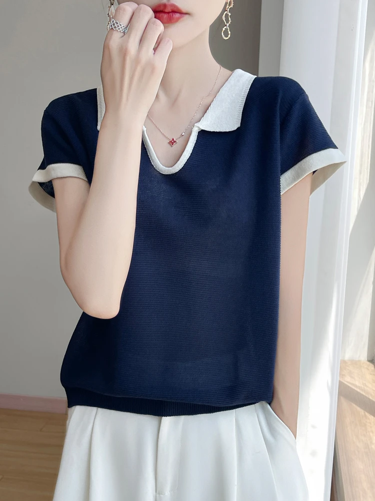 夏季新款！天丝亚麻小U领撞色短袖T恤衫减龄休闲上衣女